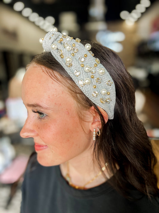 Gray Herringbone Pearl Headband