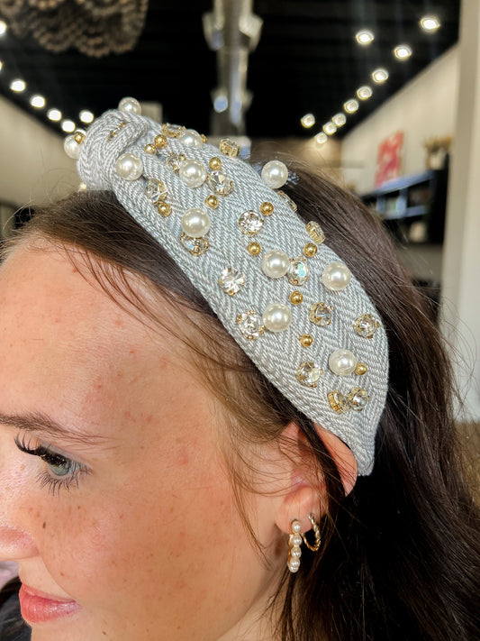 Gray Herringbone Pearl Headband