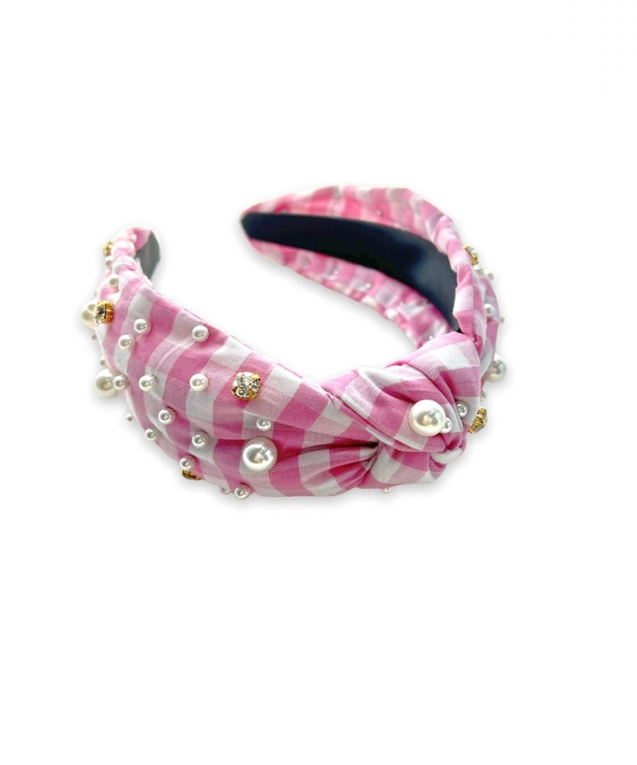 Pink Gingham Pearl Headband