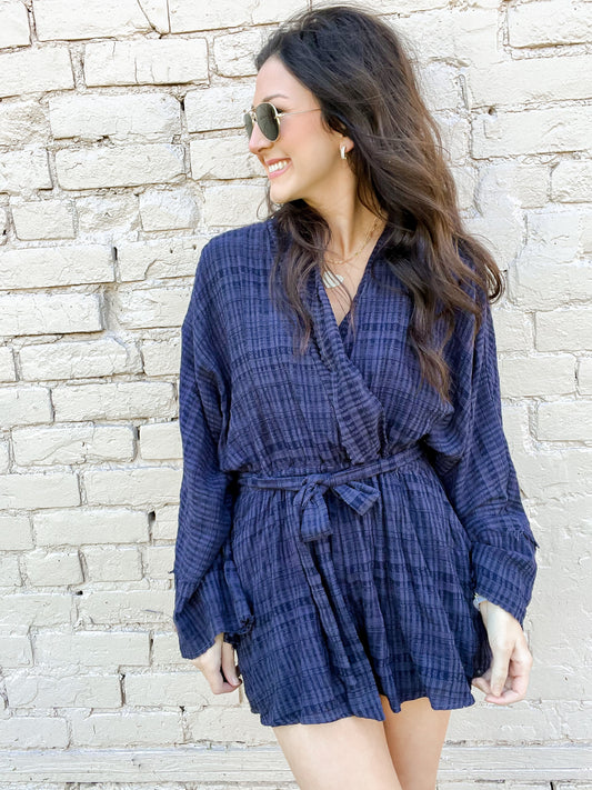 Blue Belted Plaid Romper